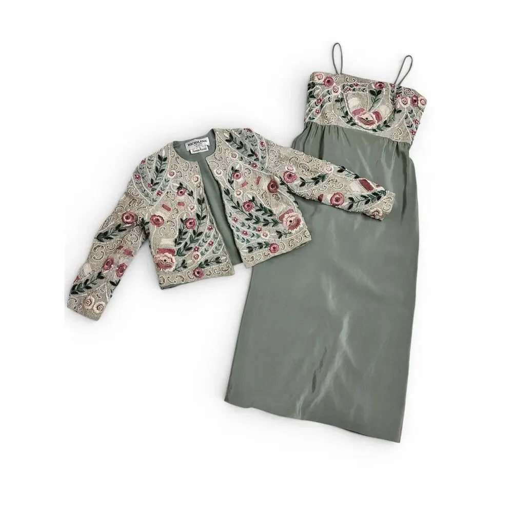Vintage Richilene Beaded Jacket Silk Slip Dress Set Embroidered Formal XS/ S